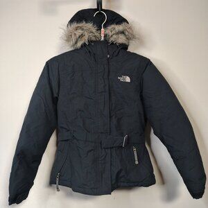 The North Face Down Jacket Womens Small Black Fur Hood Belted Winter Parka Coat